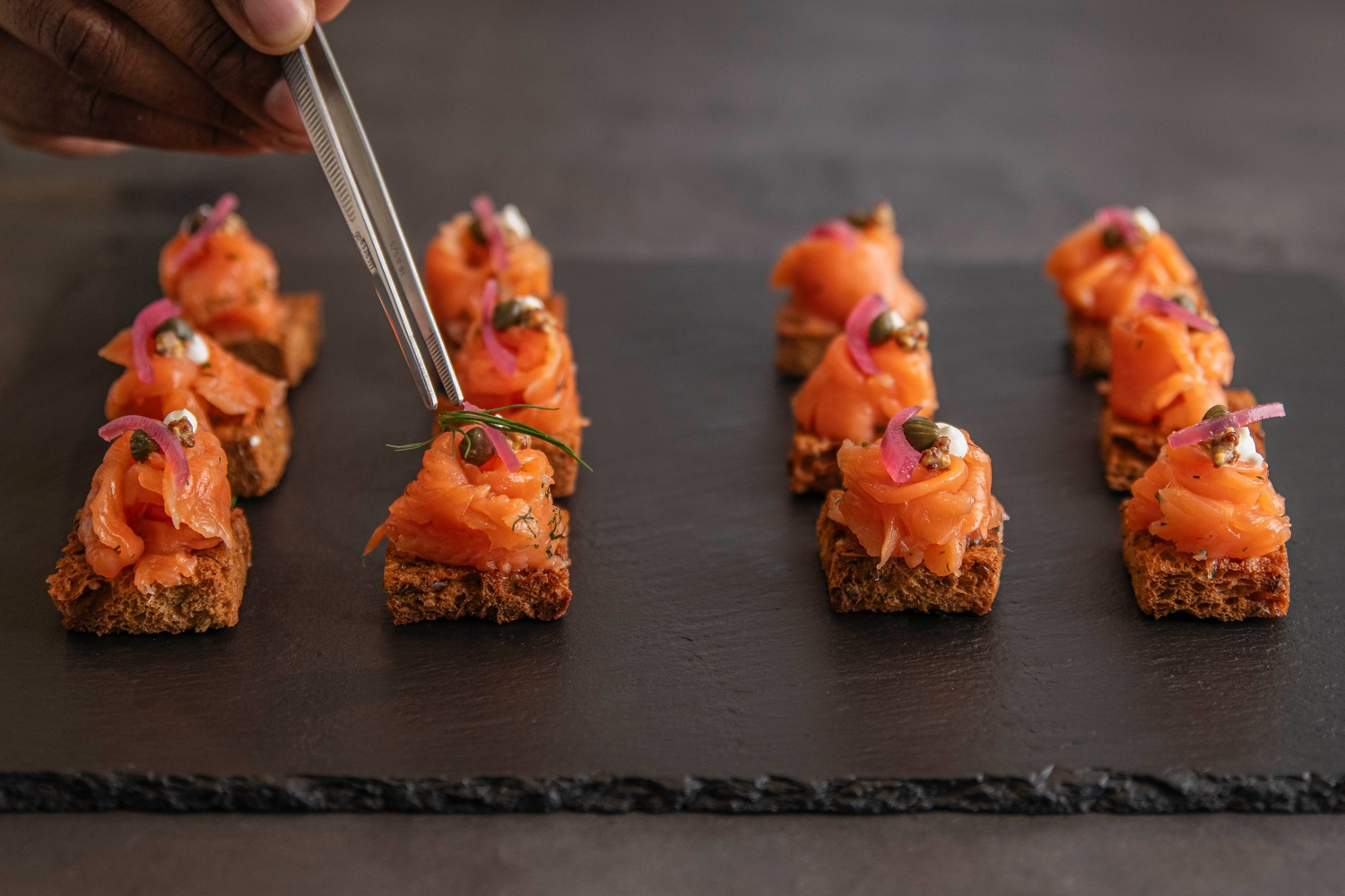 4 mise en place cayman salmon blini canapes